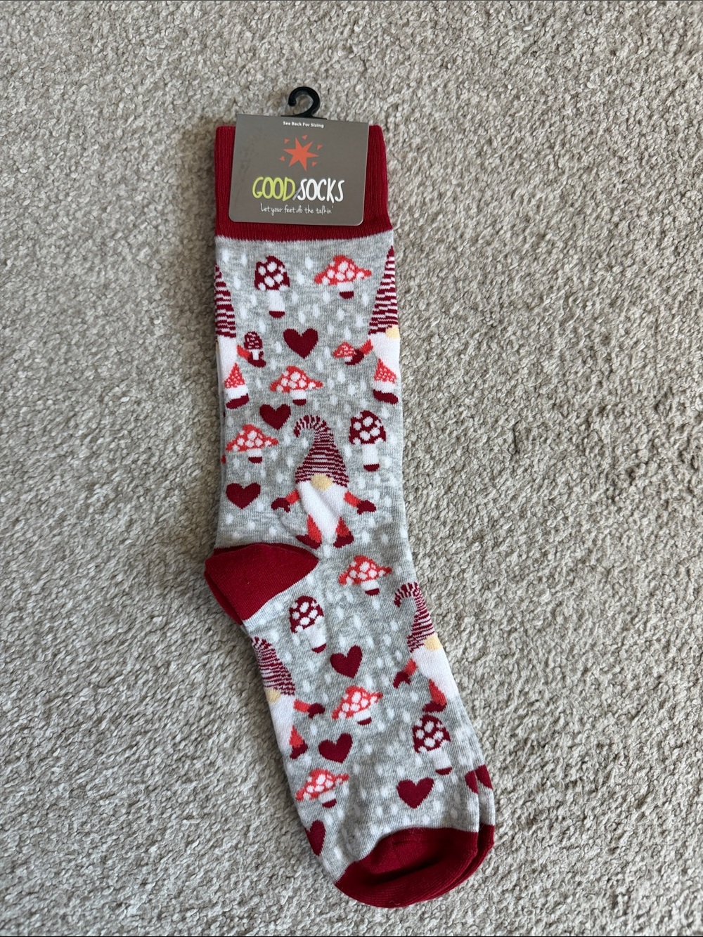 NWT Good Socks Gray & Red Mushroom Heart Crew Socks, Women’s 7.5-12